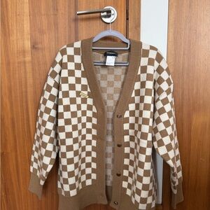 Checkerboard Knit Cardigan in Cream and Camel